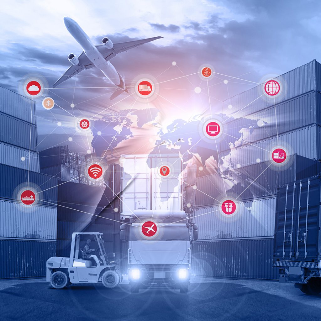 graphic composite of logistical Industrial cycle of manufacturing and delivery